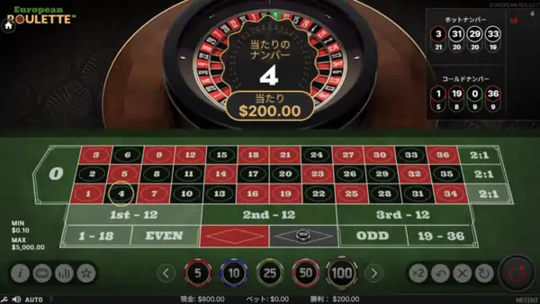 ヨーロピアンルーレットのゲーム画面