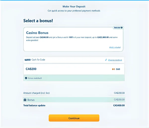 Deposit screen in Vera&John Canada