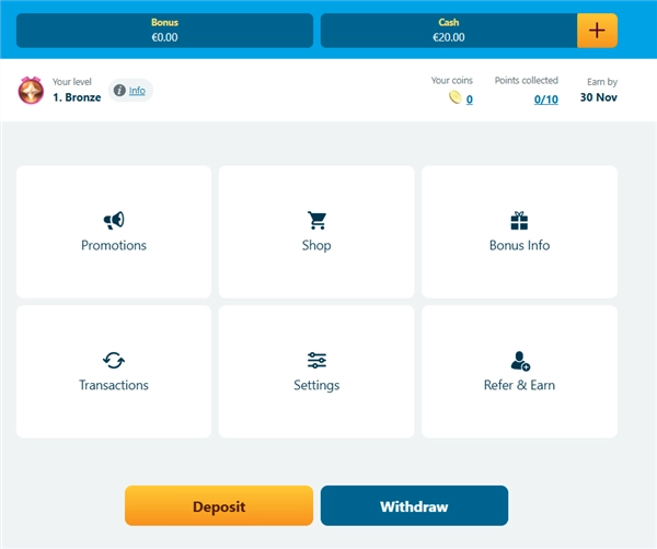 Player account in Vera&John Norway