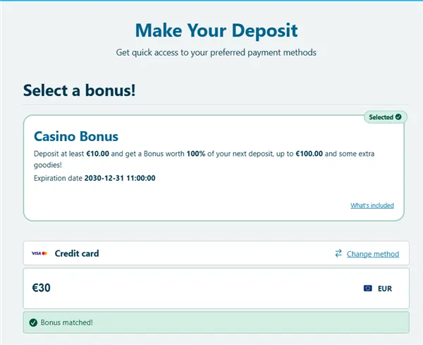 Deposit page in Vera john
