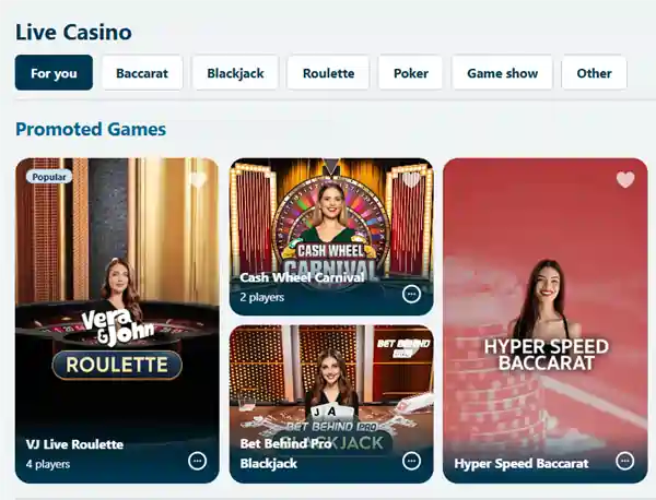 Game selection for live casino